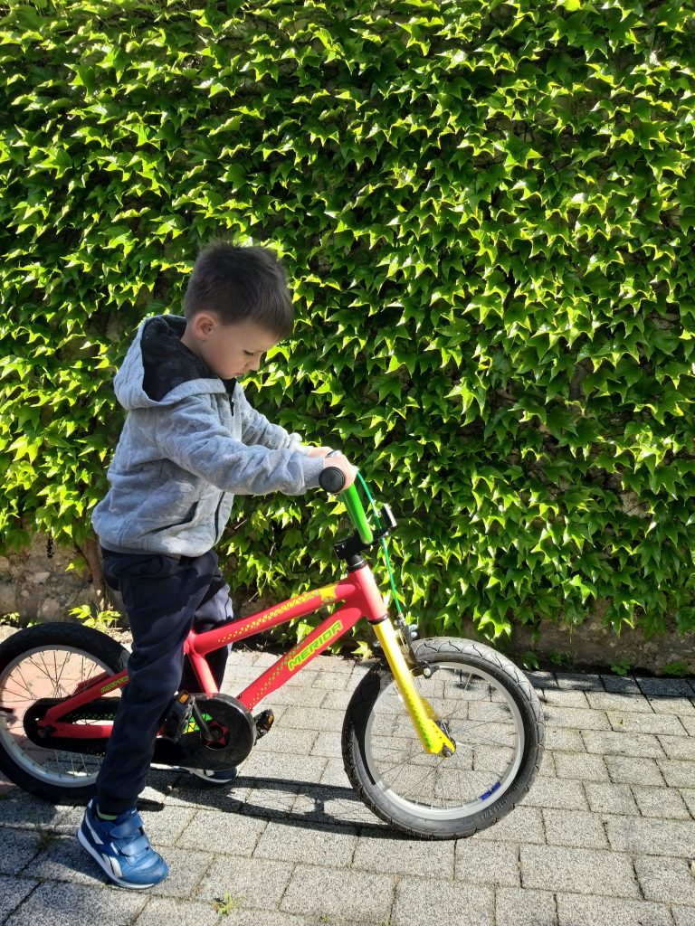 chłopiec siedzi na czerwonym rowerze. spogląda na ziemie, coś obserwuje. w tle ściana zieleni.