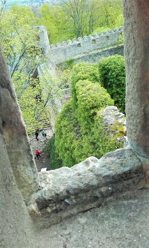 widok z okna w ruinach zamku, ruiny z jasnego kamienia, w dole zieleń